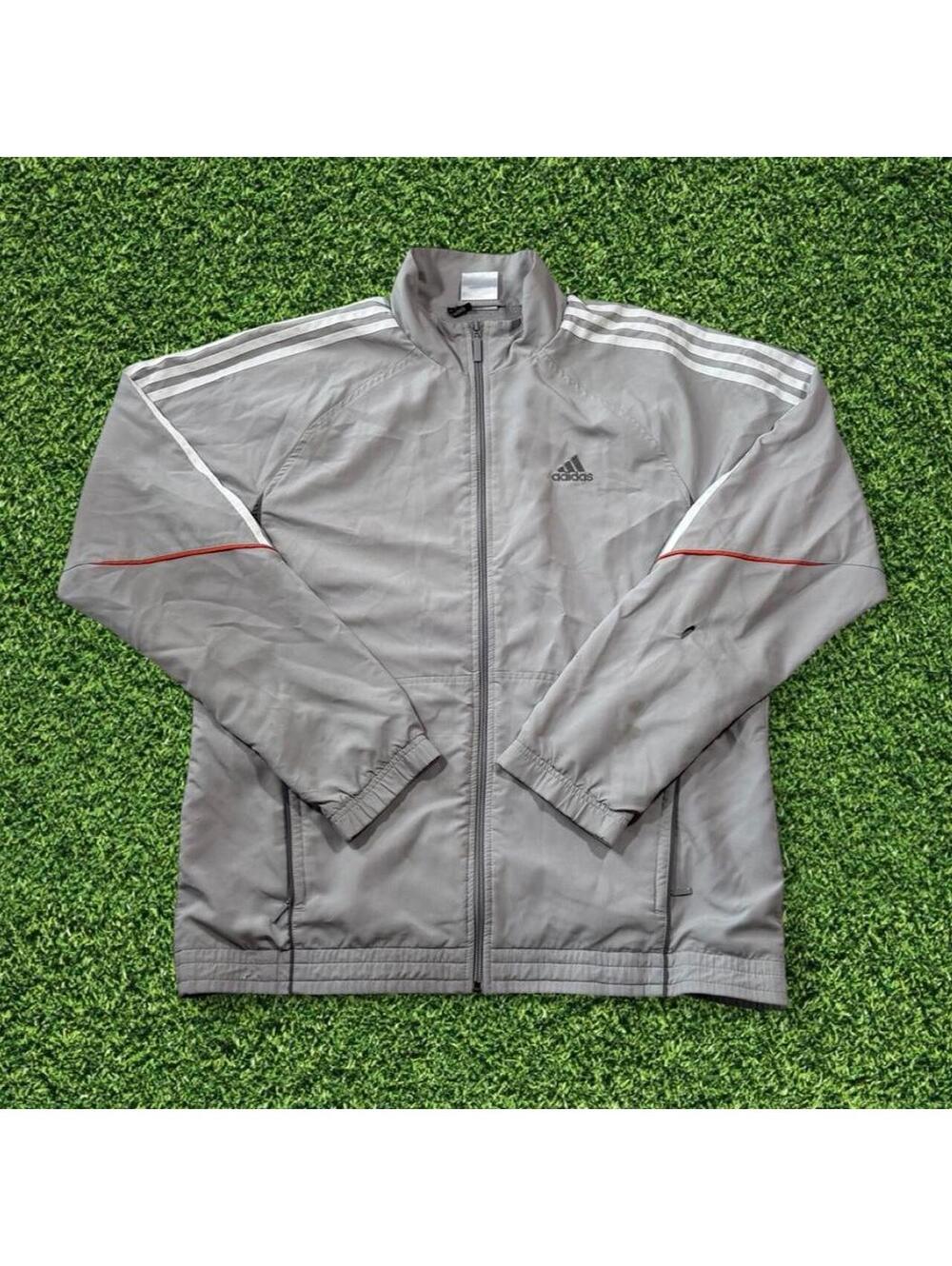Vintage Adidas Gray Windbreaker Jacket White Stripes Orange Accents L